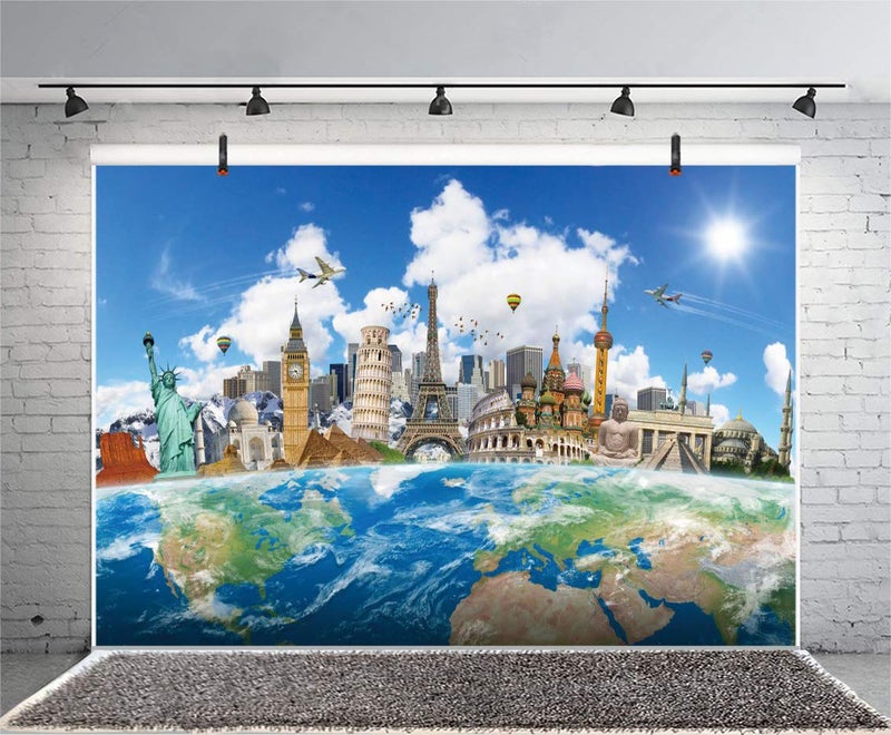 Yeele 7x5ft Around The World Background for Photography Globe Travel Famous Landmark Worldwide Vacation Photo Backdrop Wedding Newlywed Honeymoon Baby Portrait Shoot Studio Props Wallpaper - Image 2